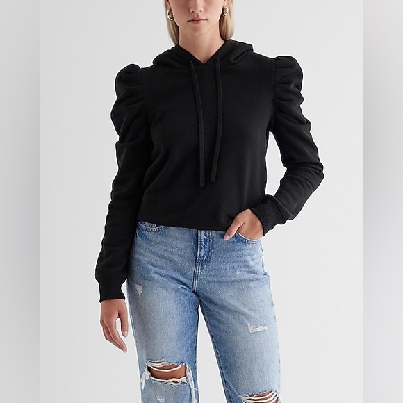 NWT Express Skimming Puff Sleeve Fleece Hoodie Cotton Cozy Pullover Winter Top - Picture 2 of 7